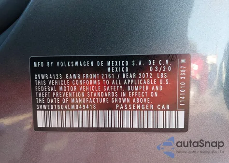 2020 Volkswagen Jetta 1.4T Sel z USA, uszkodzony, nr VIN 3VWEB7BU4LM049418